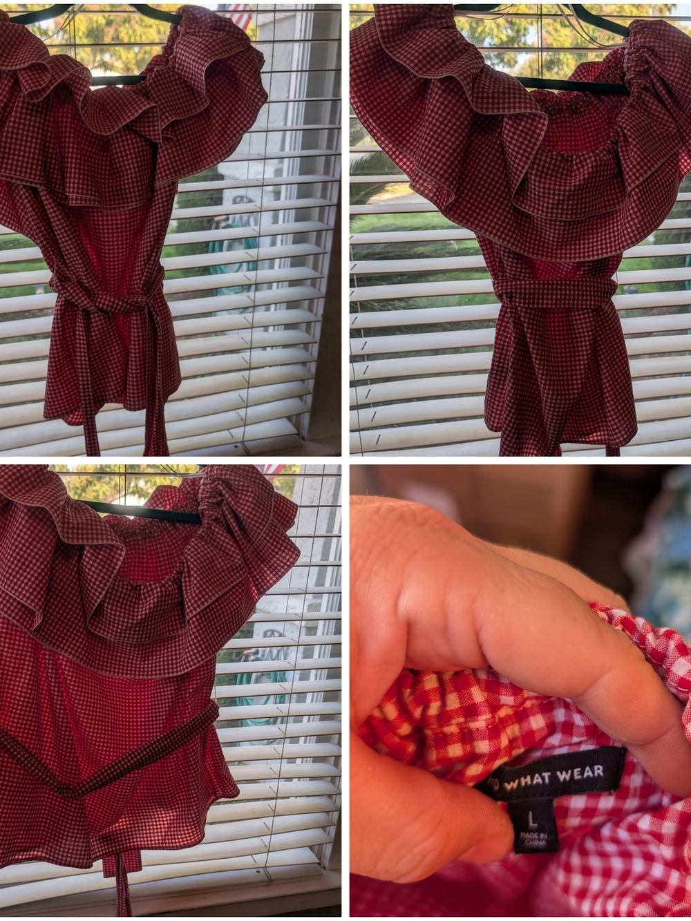 Womens Red Gingham Ruffle Neck Top